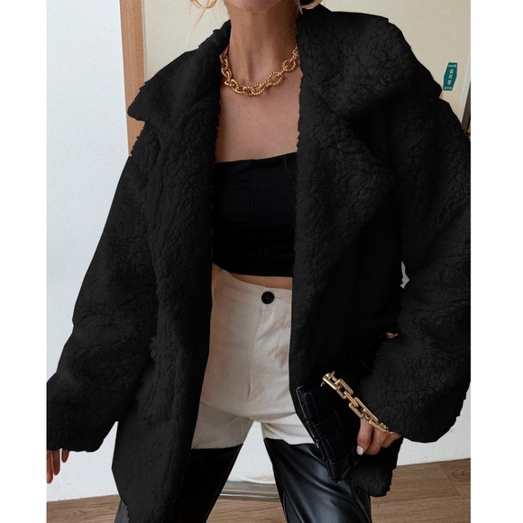 Luxe Solid Teddy Button Pockets Loose Fit Jacket Coat - Picture 7 of 12